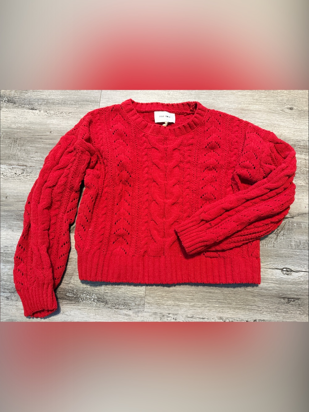 Pink Rose Bright Red Open Stitch Cable Knit Sweater